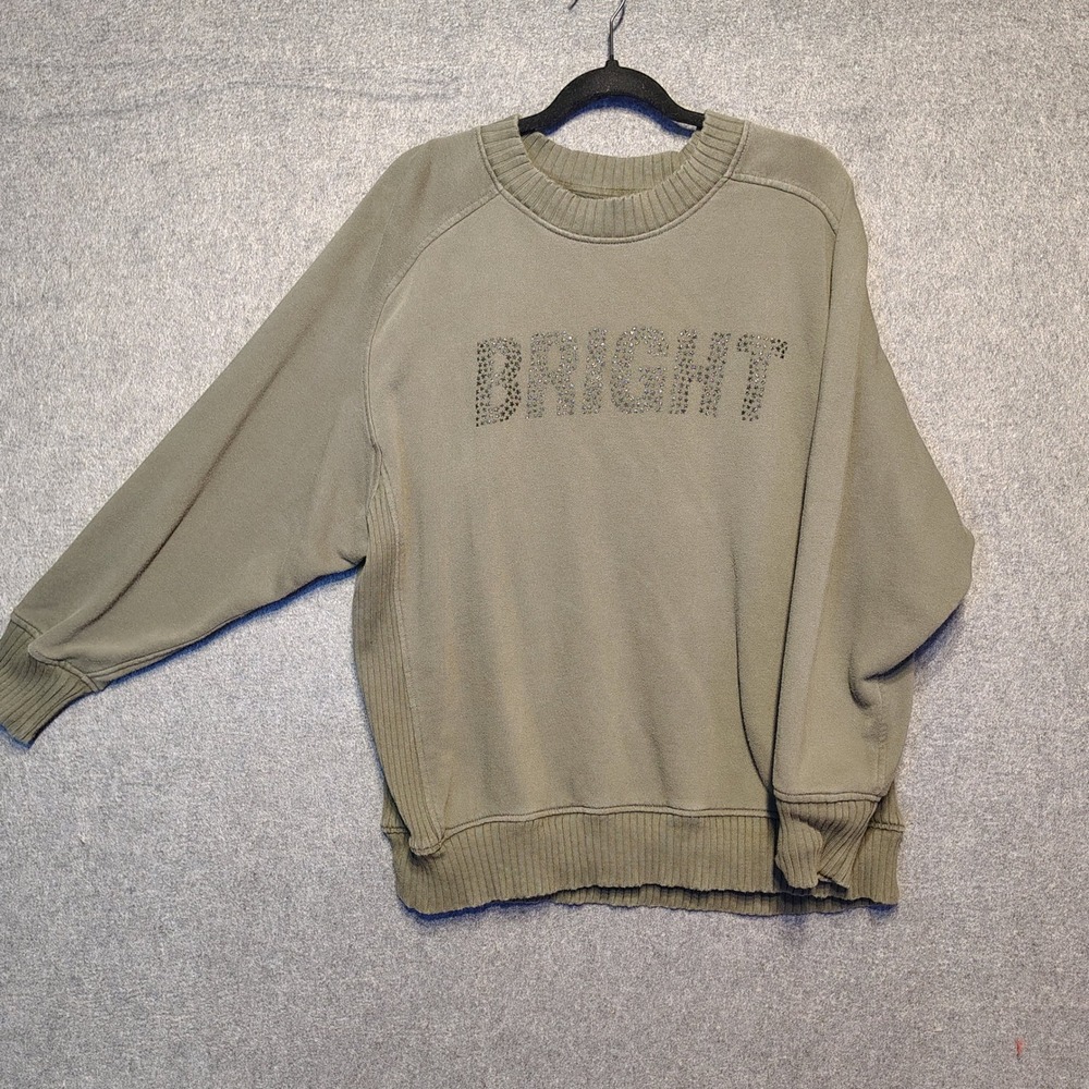 Aerie Oversized Sweatshirt Women's M Olive Green BRIGHT‎ Rhinestone Embellished